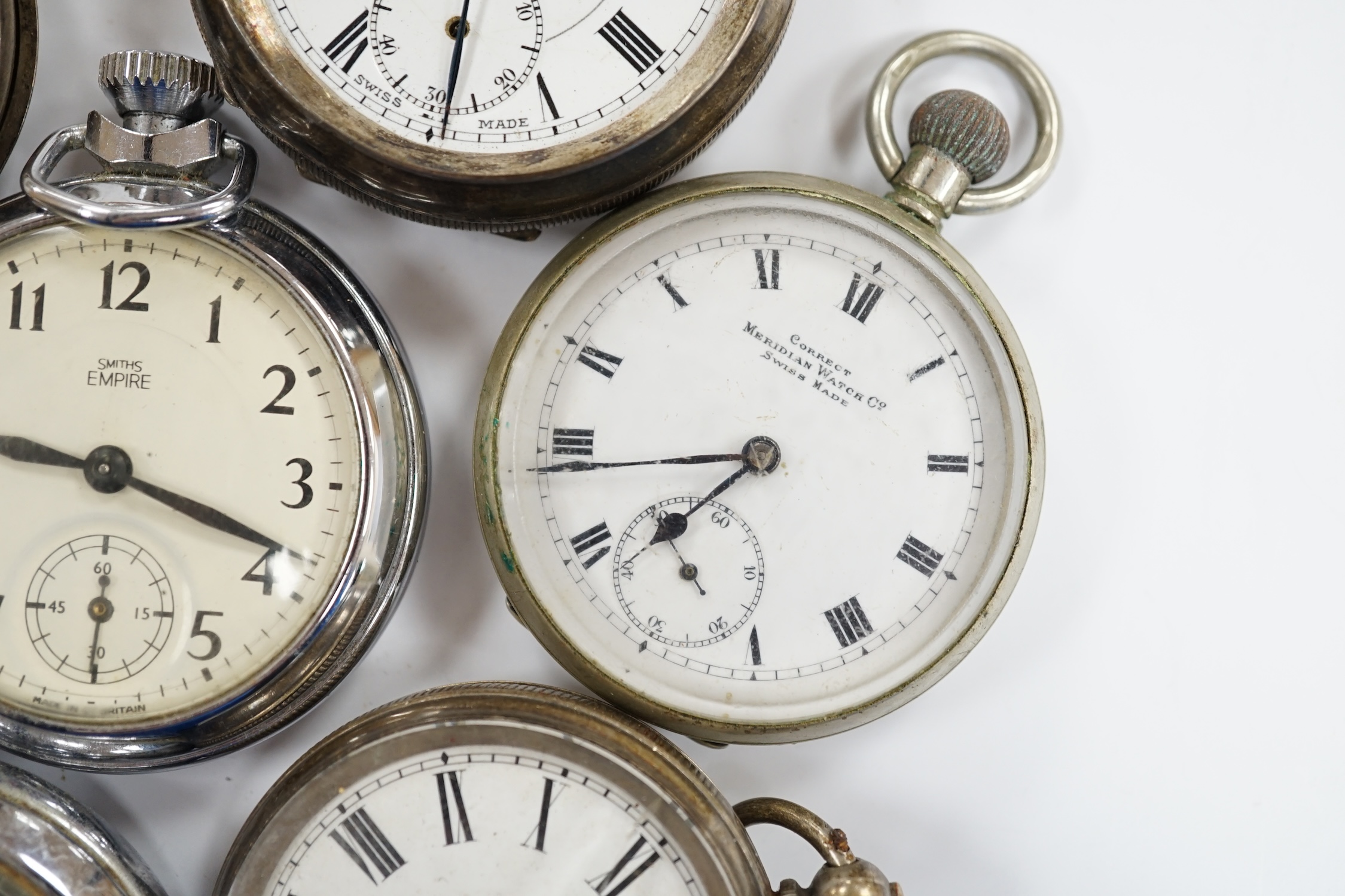 Six assorted pocket watches including silver 'The Veracity Lever' (a.f.)